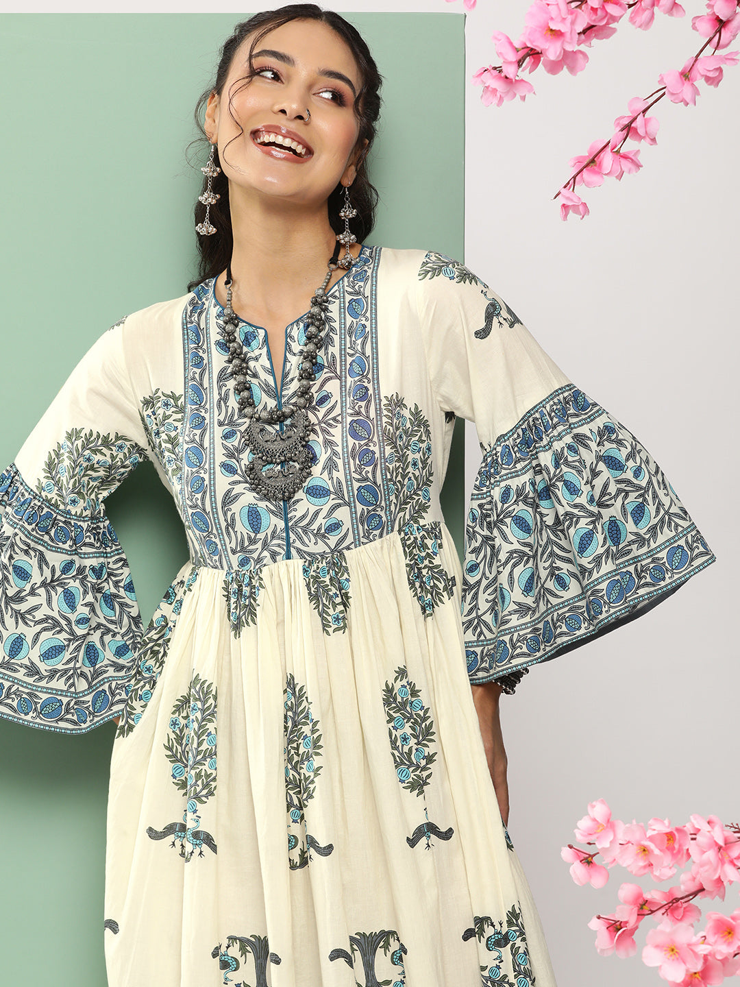 Women's Off-White Printed Long Dress With Waist Belt