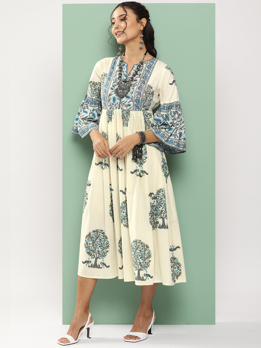 Women's Off-White Printed Long Dress With Waist Belt
