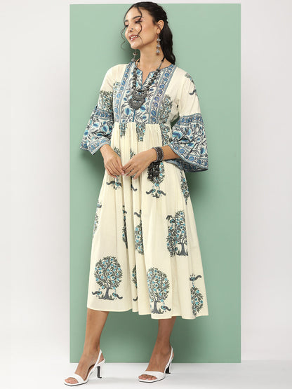 Women's Off-White Printed Long Dress With Waist Belt
