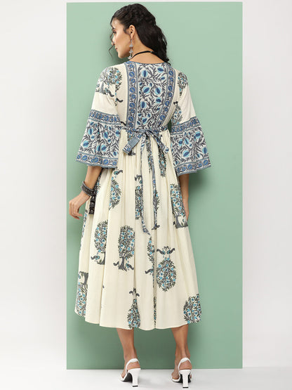 Women's Off-White Printed Long Dress With Waist Belt