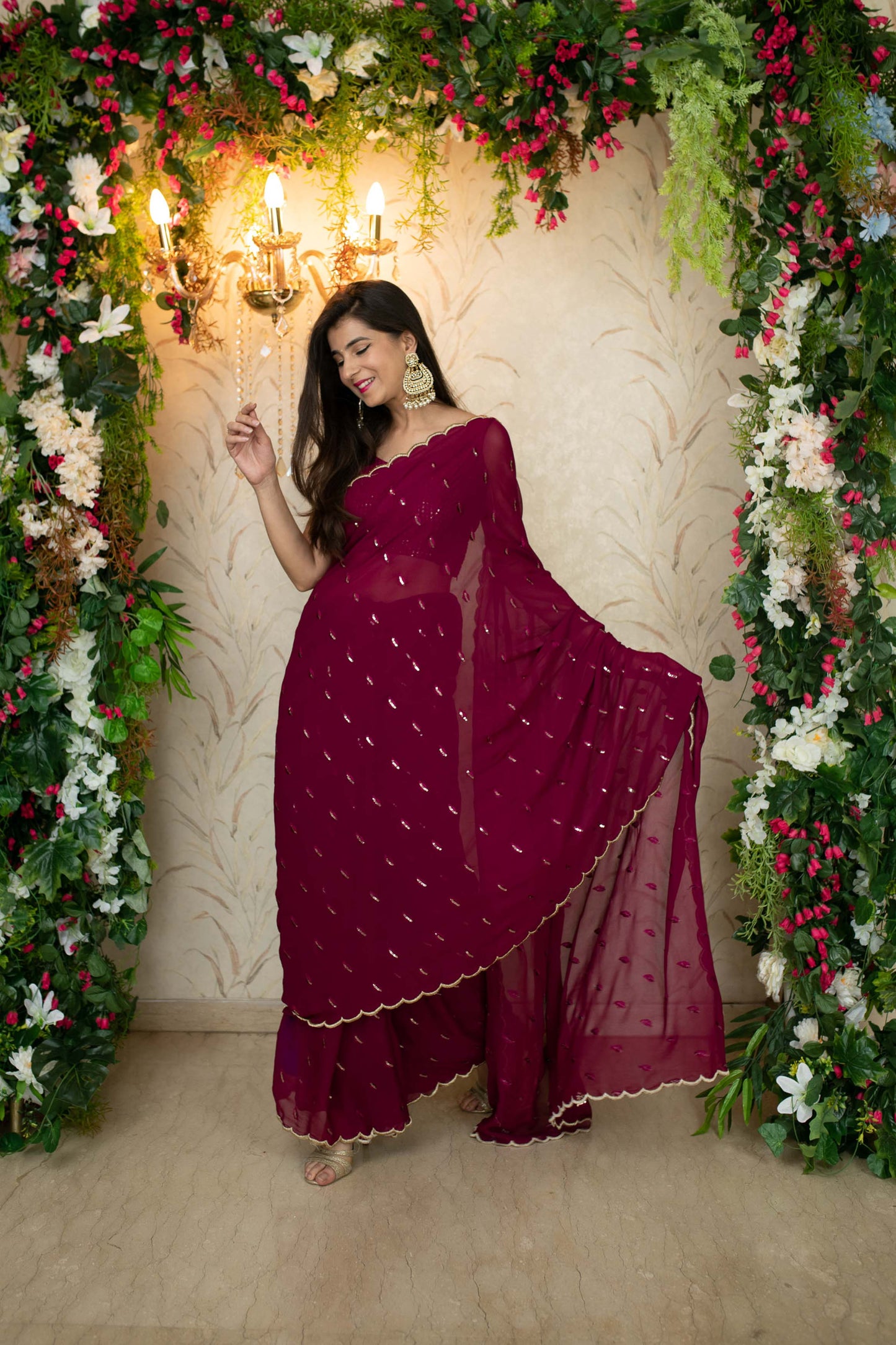 Women's Burgandy Saree with Blouse piece