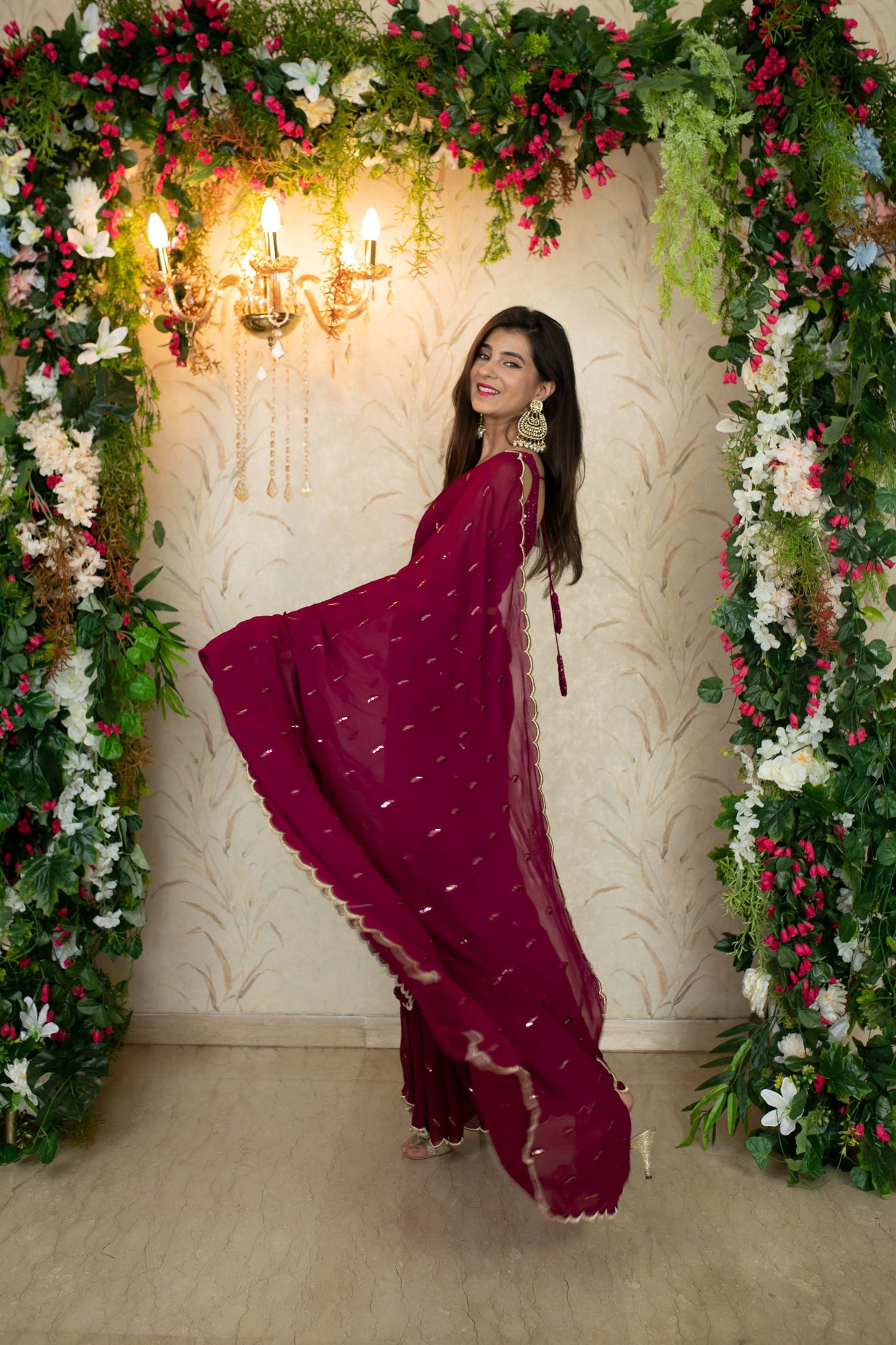 Women's Burgandy Saree with Blouse piece