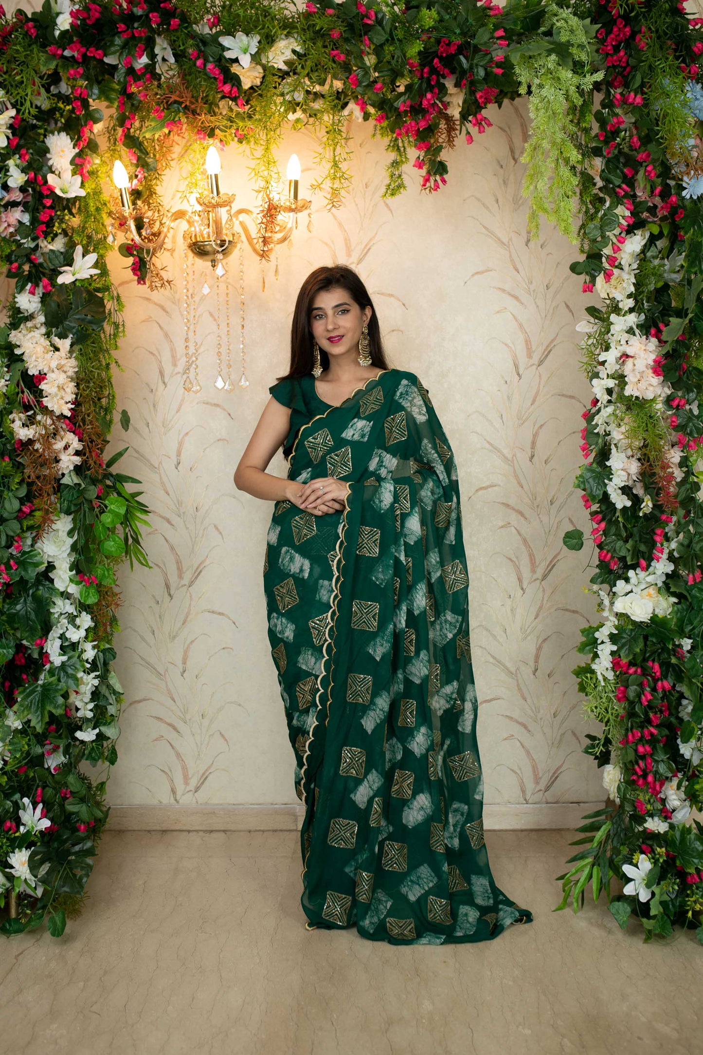 Women's Green Sequin and Thread work saree
