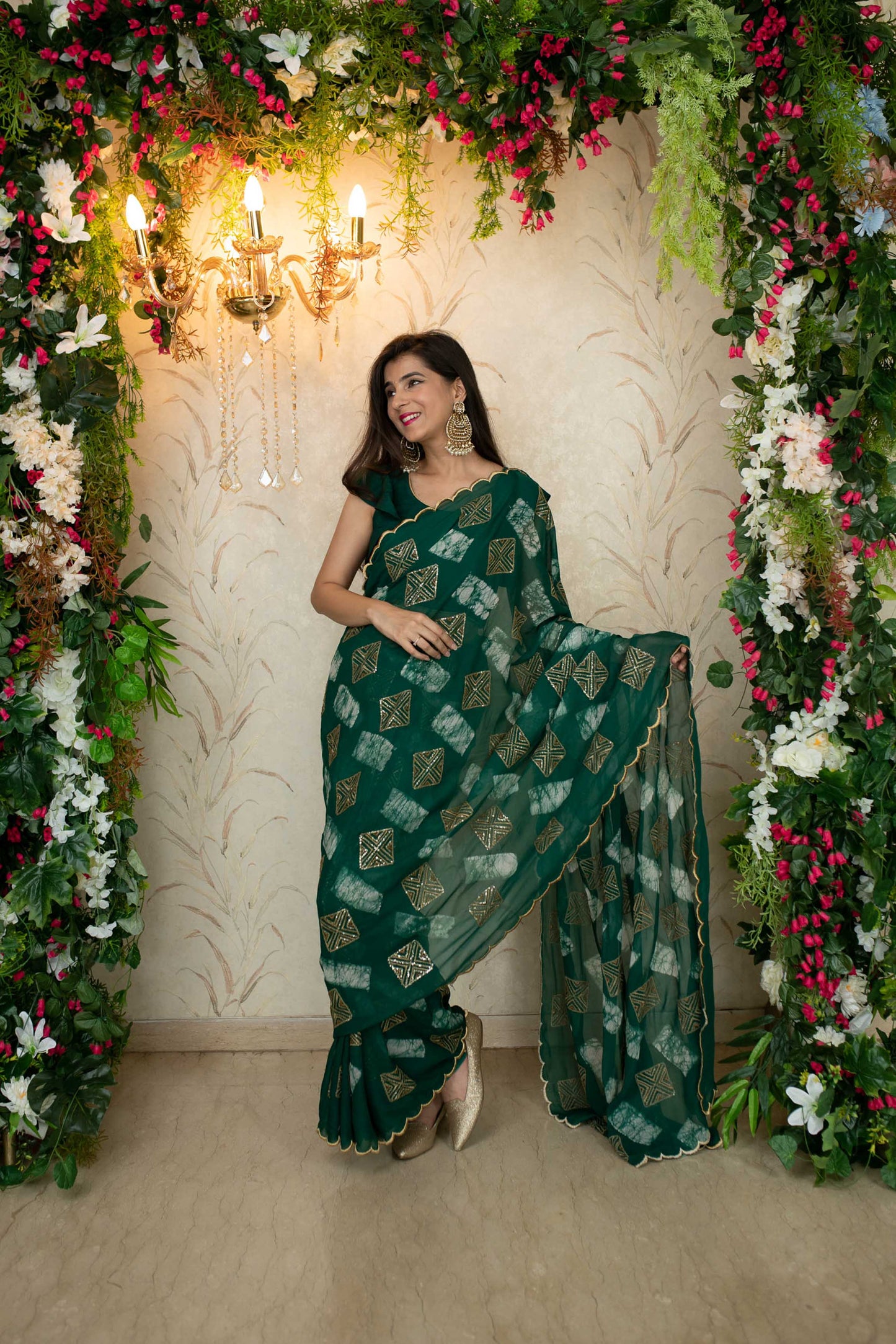 Women's Green Sequin and Thread work saree