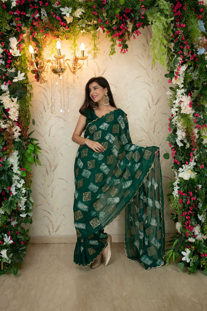 Women's Green Sequin and Thread work saree