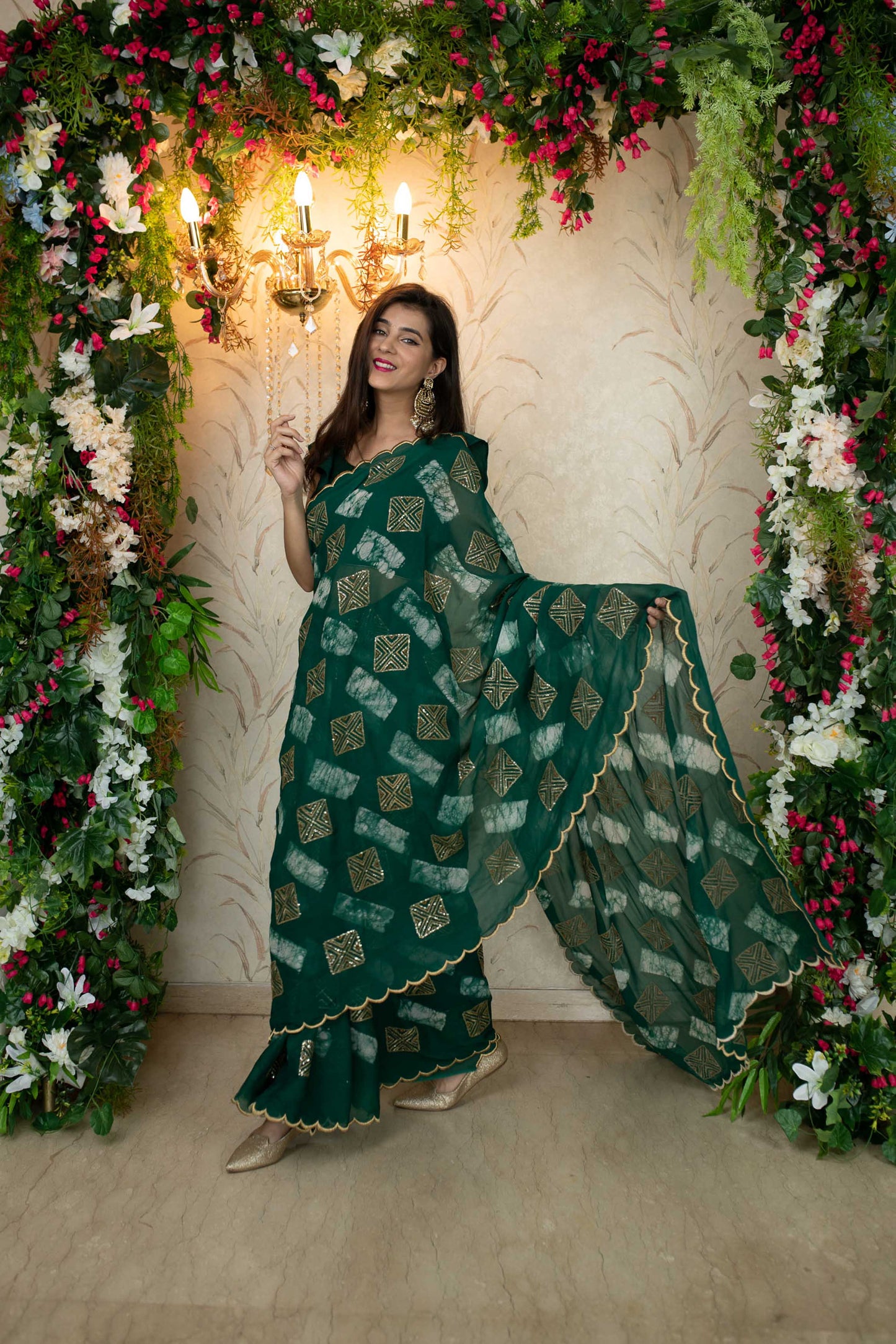 Women's Green Sequin and Thread work saree