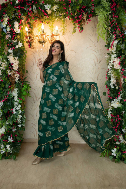 Women's Green Sequin and Thread work saree