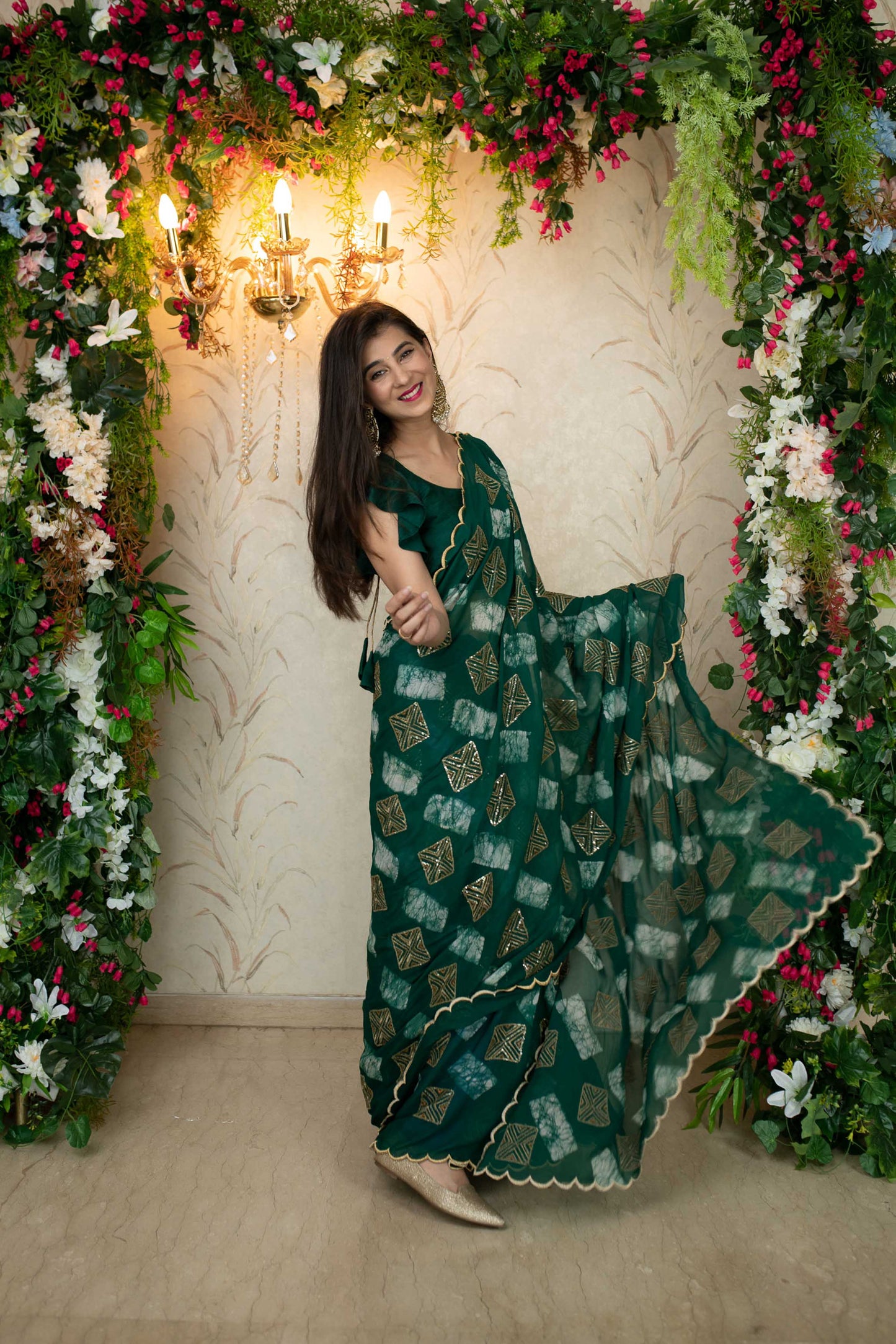 Women's Green Sequin and Thread work saree