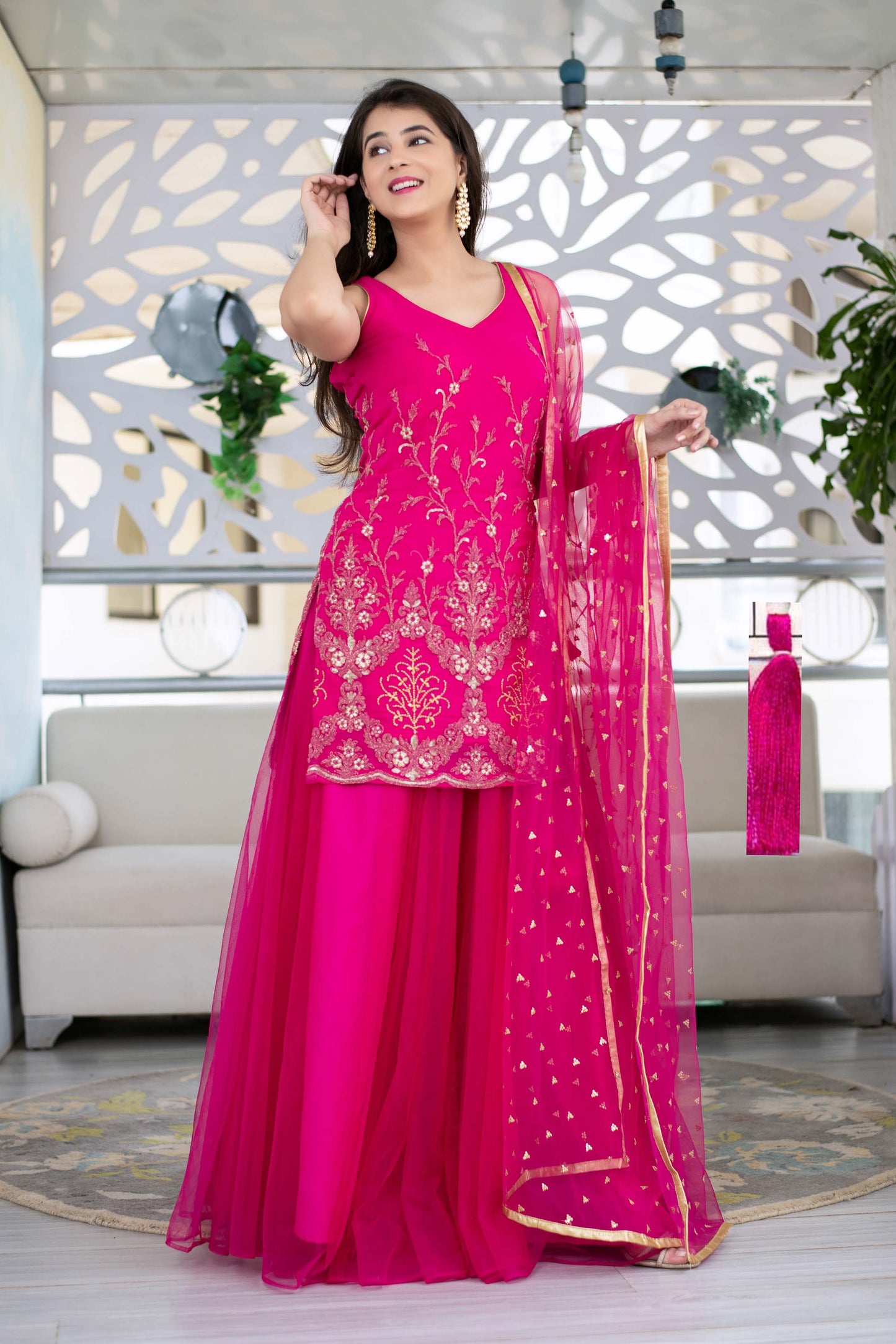 Women's Pink Georgette Heavy Work Kurta With Long Skirt And Net Dupatta (3pc Set)