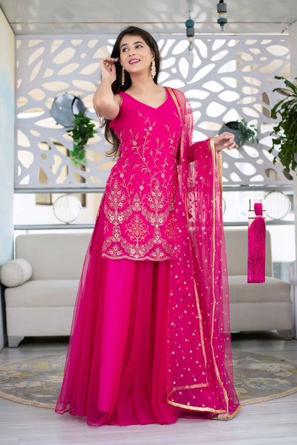 Women's Pink Georgette Heavy Work Kurta With Long Skirt And Net Dupatta (3pc Set)