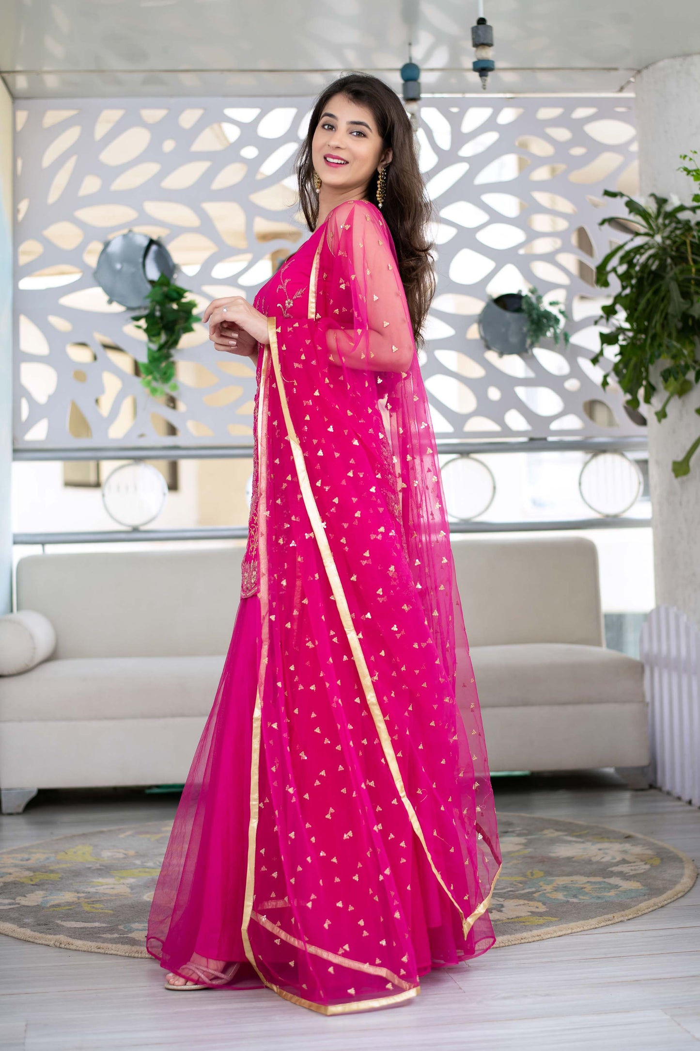Women's Pink Georgette Heavy Work Kurta With Long Skirt And Net Dupatta (3pc Set)