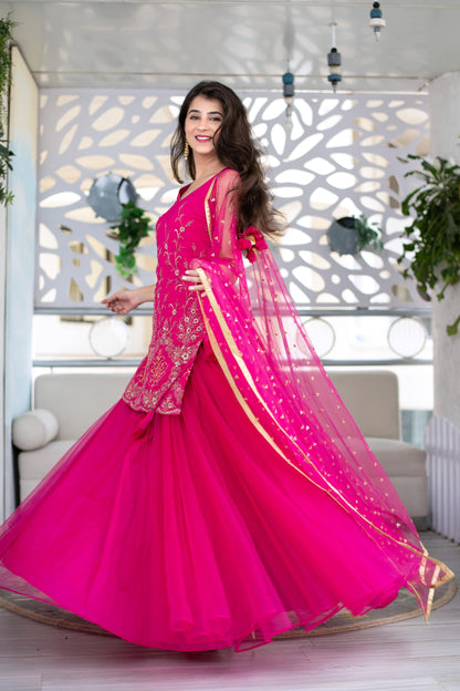 Women's Pink Georgette Heavy Work Kurta With Long Skirt And Net Dupatta (3pc Set)