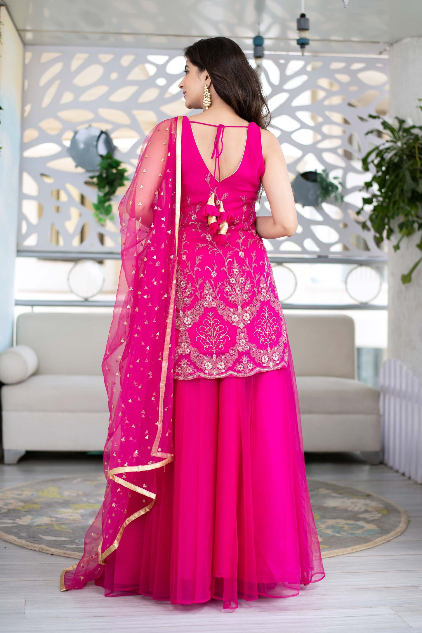 Women's Pink Georgette Heavy Work Kurta With Long Skirt And Net Dupatta (3pc Set)