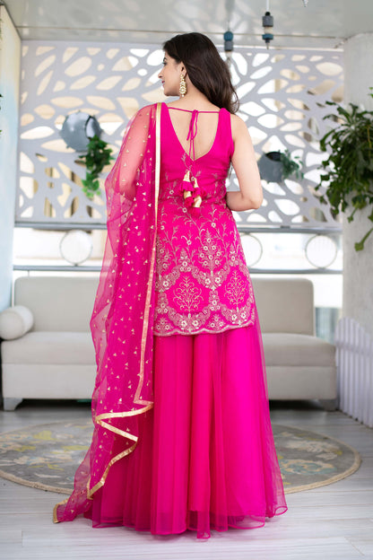 Women's Pink Georgette Heavy Work Kurta With Long Skirt And Net Dupatta (3pc Set)