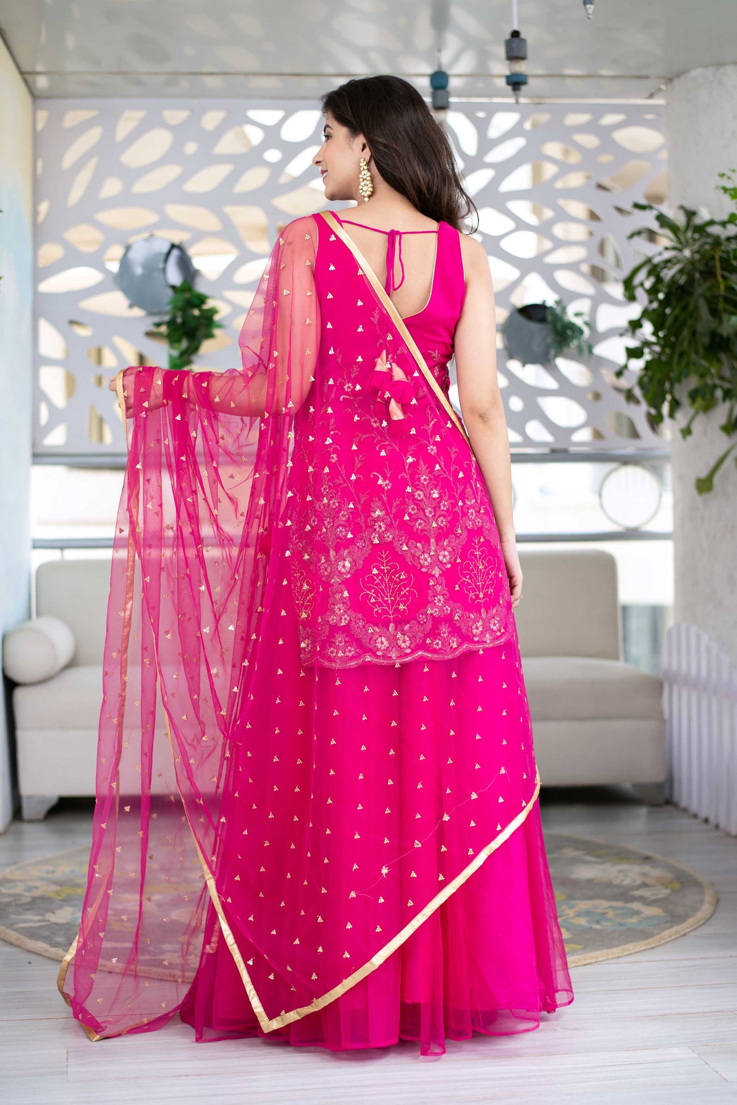 Women's Pink Georgette Heavy Work Kurta With Long Skirt And Net Dupatta (3pc Set)