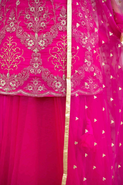 Women's Pink Georgette Heavy Work Kurta With Long Skirt And Net Dupatta (3pc Set)