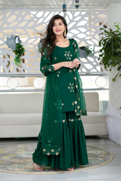Women's Green Georgette Sharara Suit Set With Net Dupatta