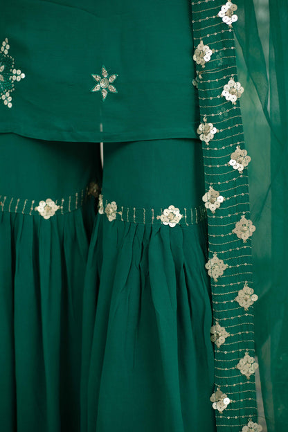 Women's Green Georgette Sharara Suit Set With Net Dupatta
