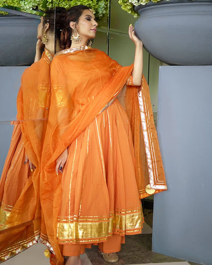Women's Golden Orange Gotapatti Anarkali Set