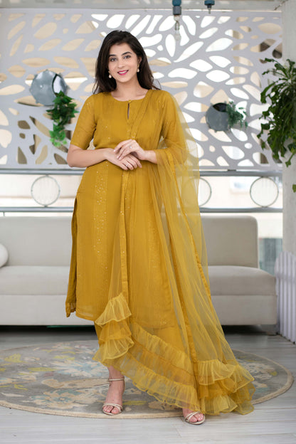 Women's Mustard Kurta With Ruffle Dupatta (3pcs set)