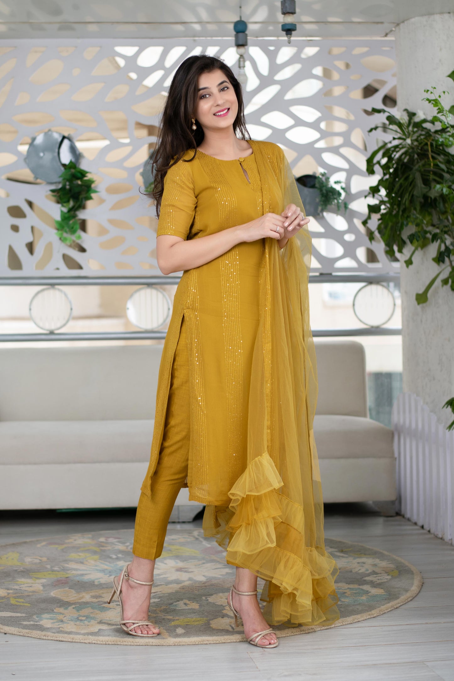Women's Mustard Kurta With Ruffle Dupatta (3pcs set)