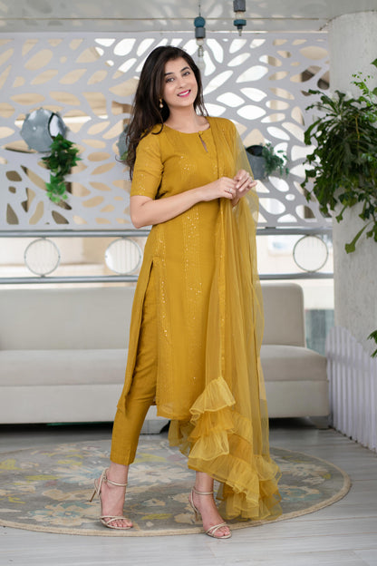 Women's Mustard Kurta With Ruffle Dupatta (3pcs set)