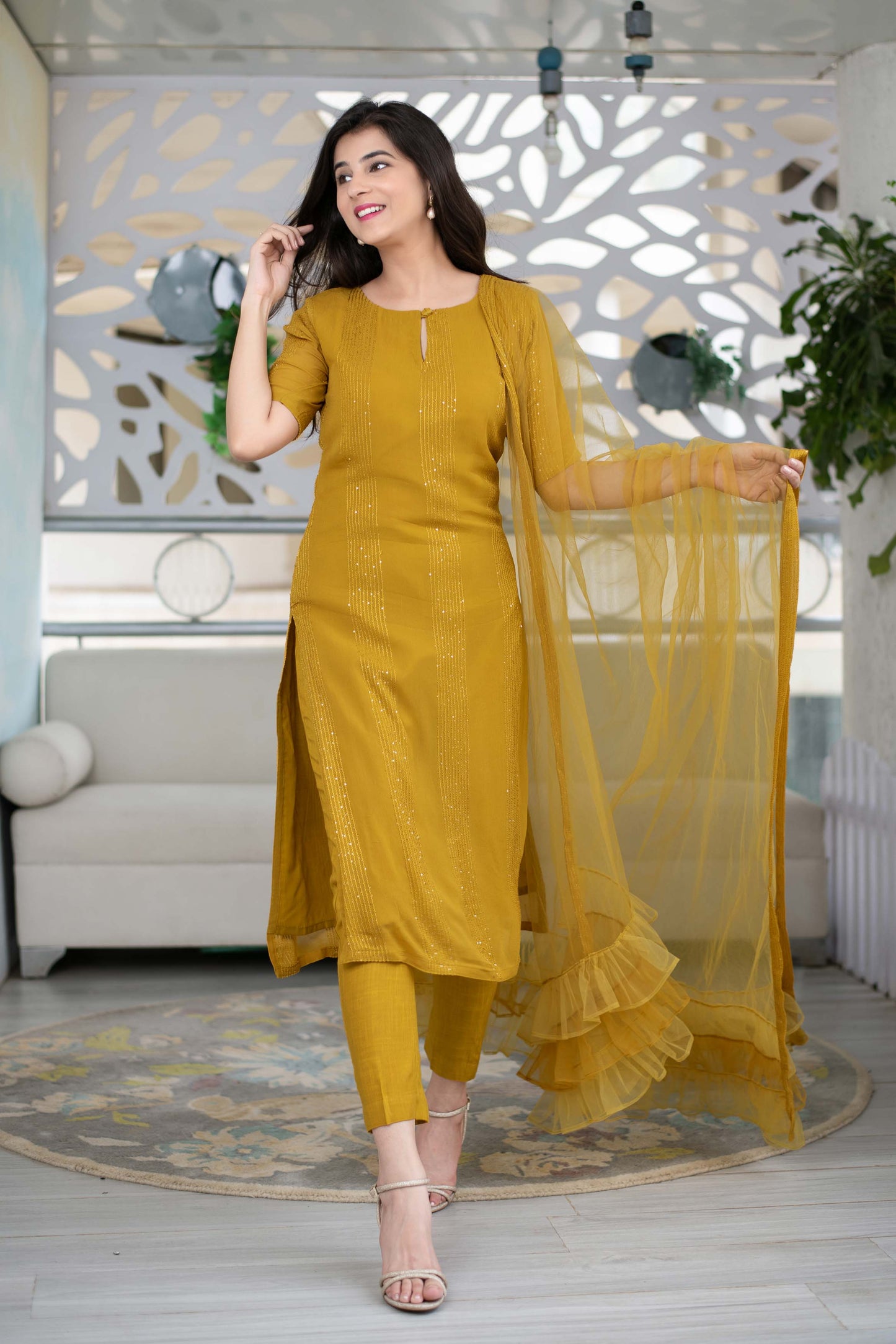 Women's Mustard Kurta With Ruffle Dupatta (3pcs set)