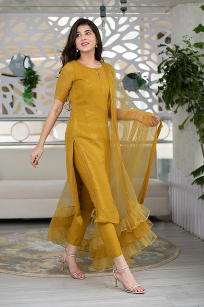 Women's Mustard Kurta With Ruffle Dupatta (3pcs set)