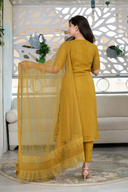 Women's Mustard Kurta With Ruffle Dupatta (3pcs set)