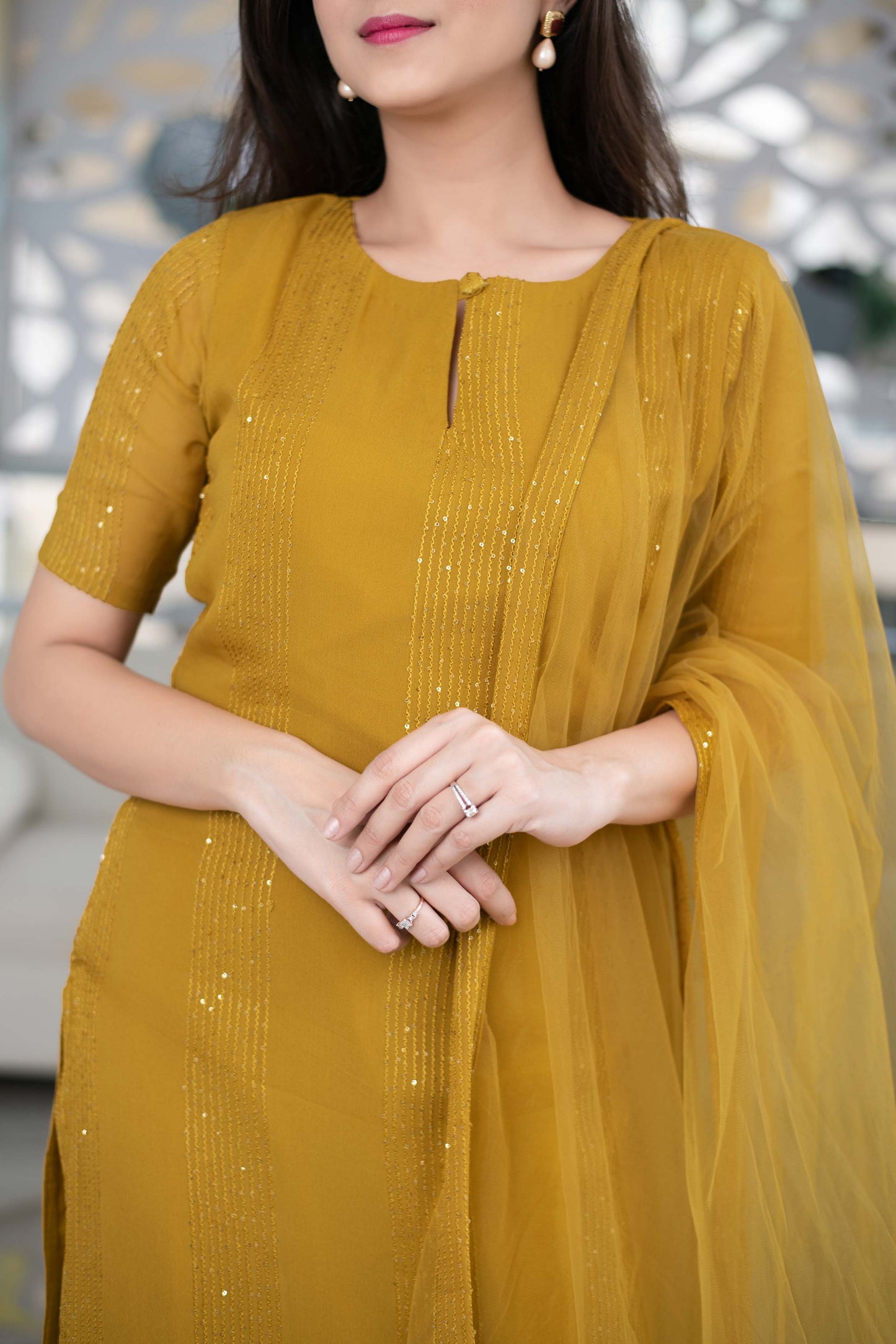 Women's Mustard Kurta With Ruffle Dupatta (3pcs set)