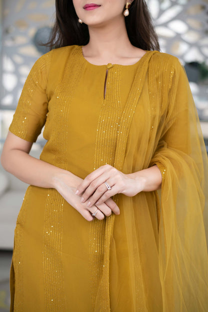 Women's Mustard Kurta With Ruffle Dupatta (3pcs set)