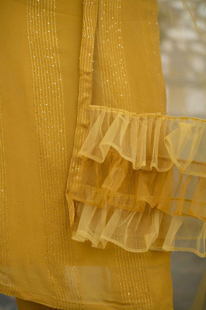 Women's Mustard Kurta With Ruffle Dupatta (3pcs set)
