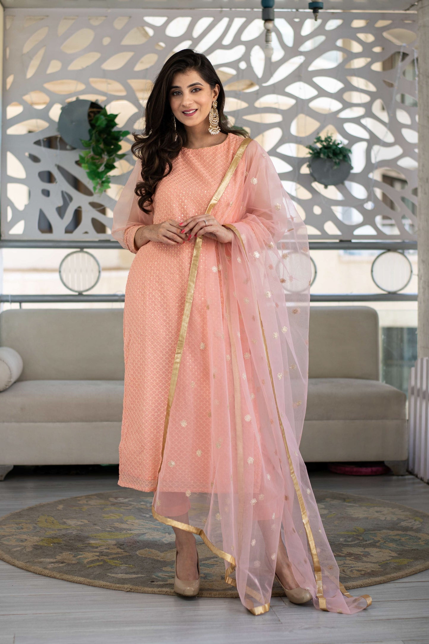 Women's Peach Thread Work Kurta With Organza Sleeves (3pc Set)