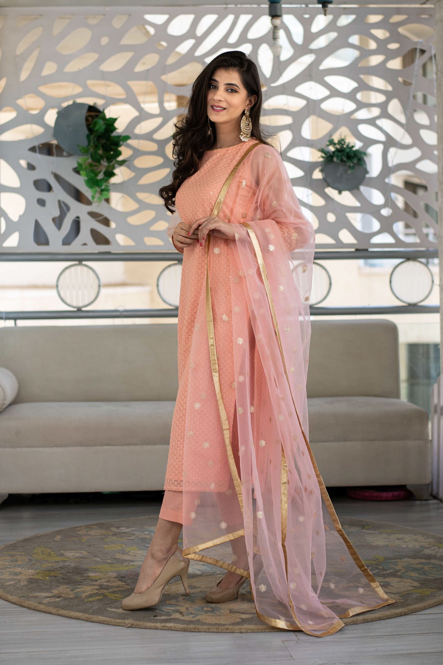 Women's Peach Thread Work Kurta With Organza Sleeves (3pc Set)