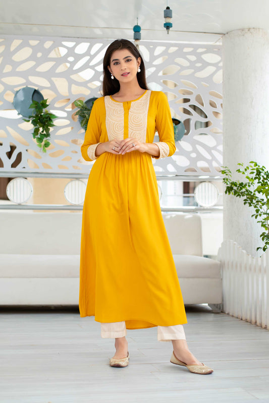 Women's Yellow Long Kurta With Straight Pant Set (2pcs set)