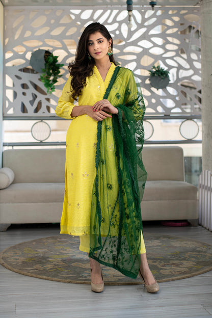 Women's Yellow Kurta With Green Dupatta (3pc Set) - Label S