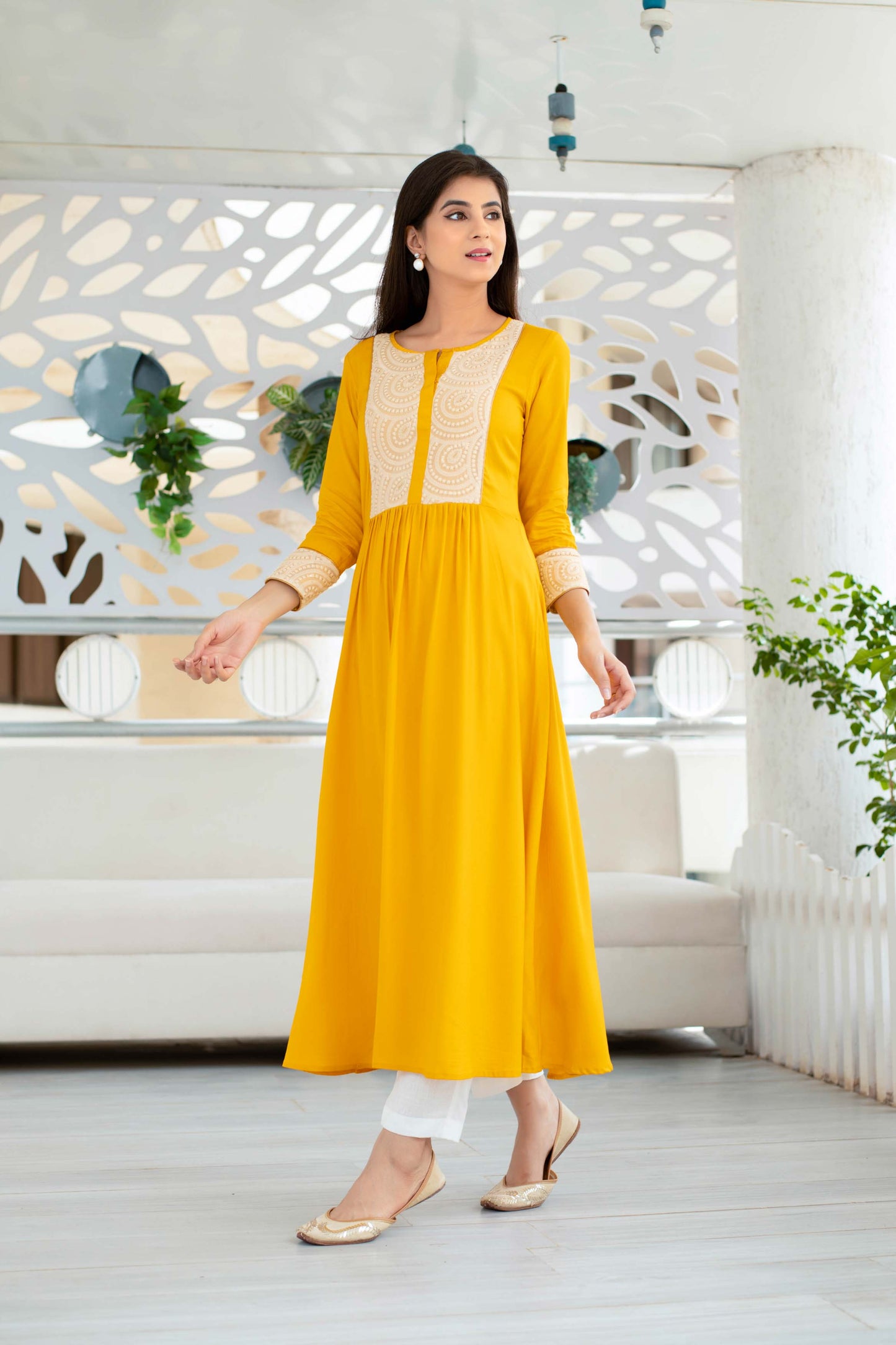 Women's Yellow Long Kurta With Straight Pant Set (2pcs set)