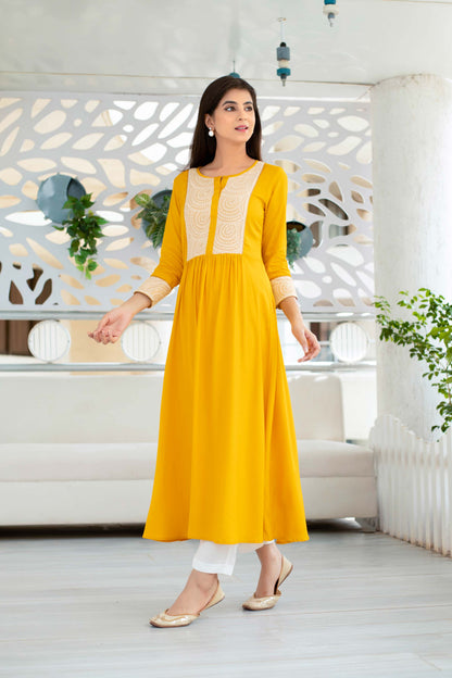 Women's Yellow Long Kurta With Straight Pant Set (2pcs set)