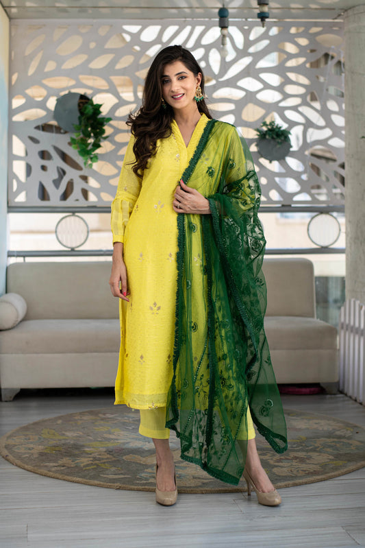 Women's Yellow Kurta With Green Dupatta (3pc Set) - Label S