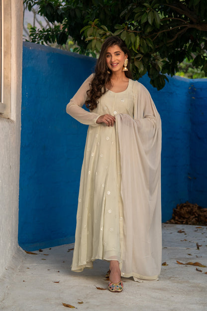 Women's Ivory High Kali Anarkali set