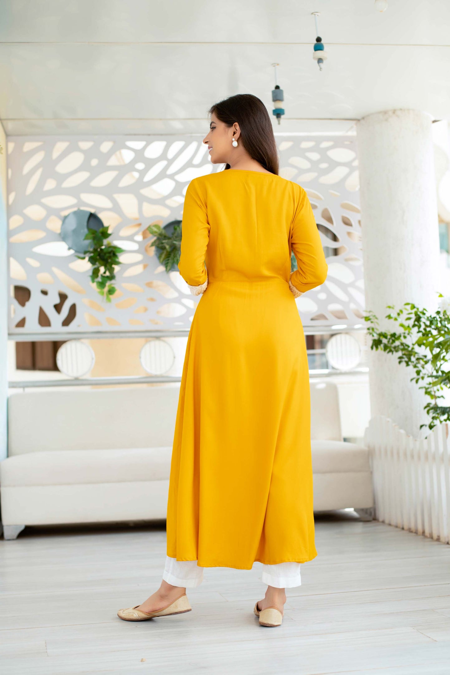 Women's Yellow Long Kurta With Straight Pant Set (2pcs set)