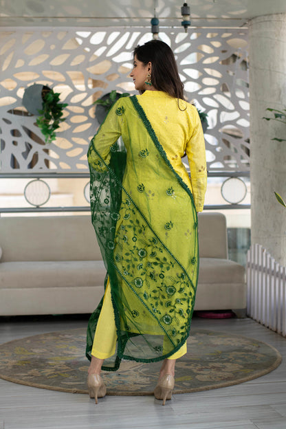 Women's Yellow Kurta With Green Dupatta (3pc Set) - Label S