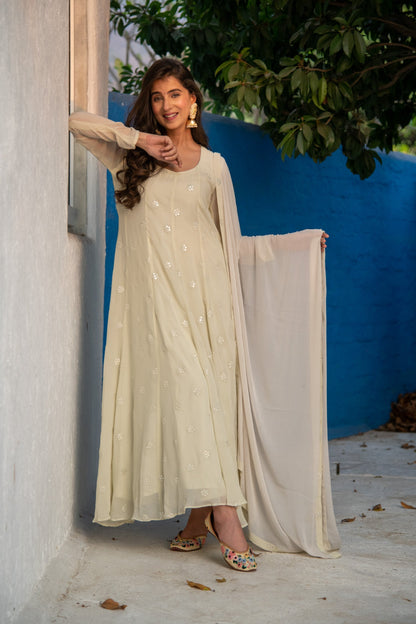 Women's Ivory High Kali Anarkali set