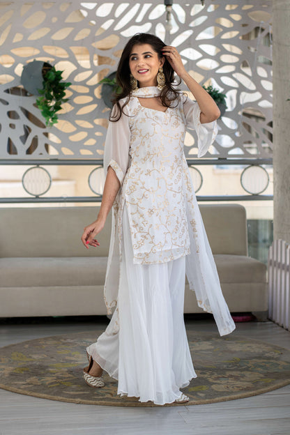 Women's Georgette White Sequin Kurta with Palazzo (3pc Set)
