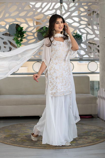 Women's Georgette White Sequin Kurta with Palazzo (3pc Set)