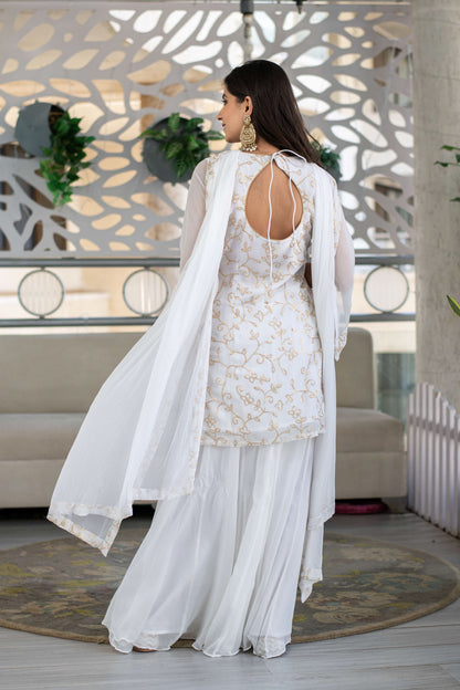 Women's Georgette White Sequin Kurta with Palazzo (3pc Set)