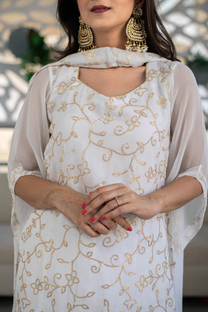 Women's Georgette White Sequin Kurta with Palazzo (3pc Set)