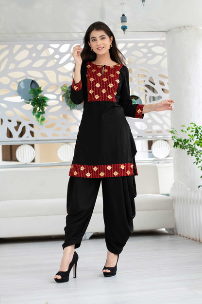Women's Black Patiala Set With Red Neck Work (2pcs Set)