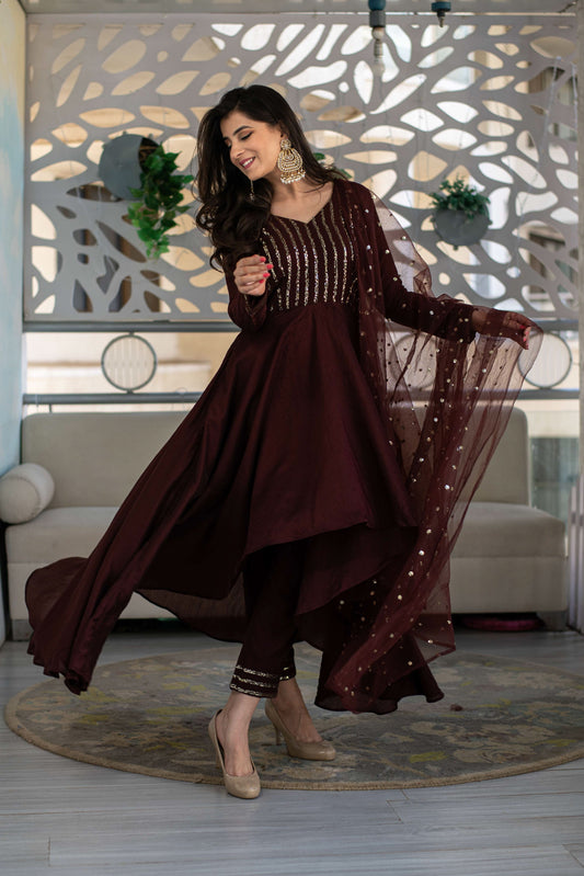 Women's Brown High Low Anarkali Set (3 Pc Set)
