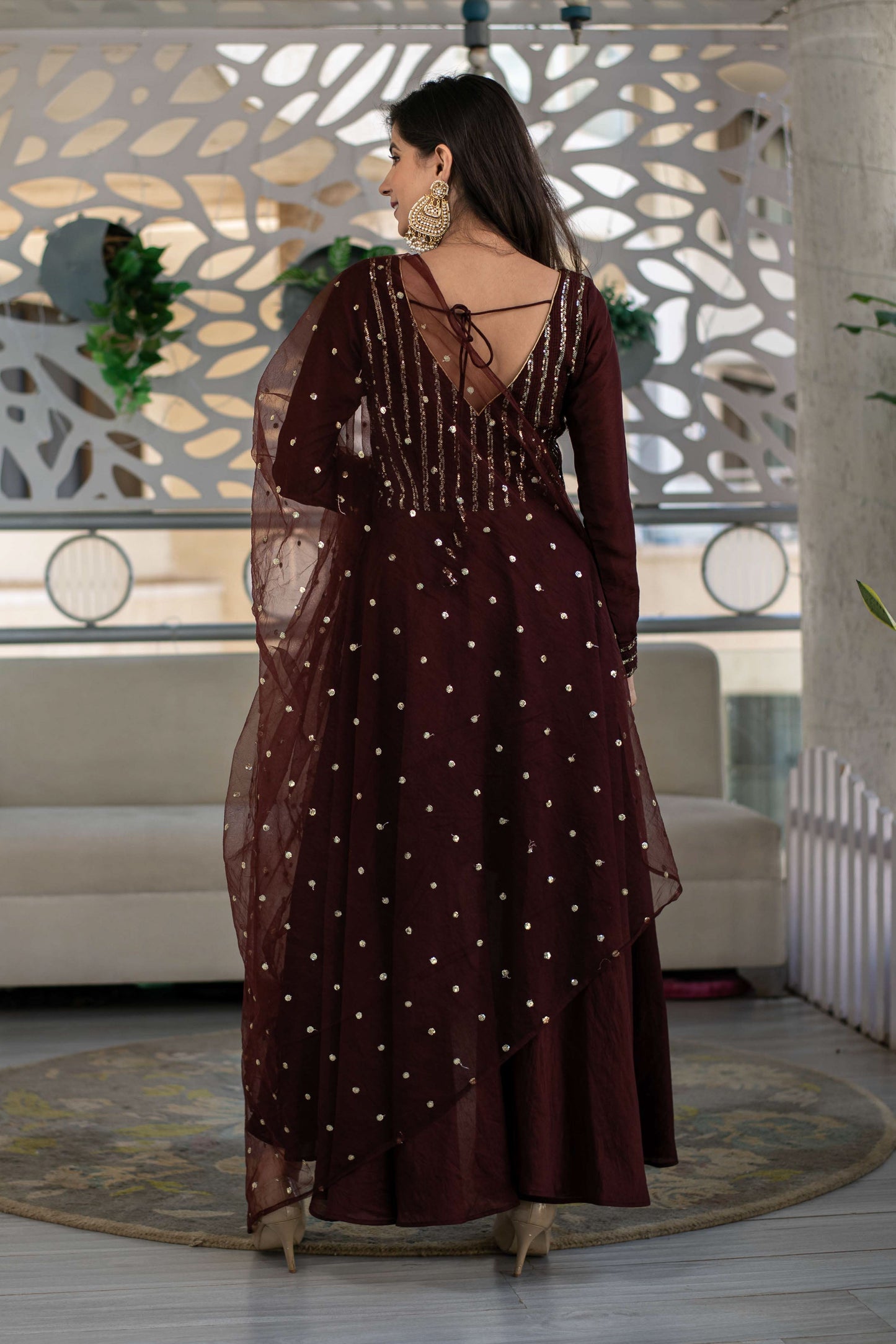 Women's Brown High Low Anarkali Set (3 Pc Set)